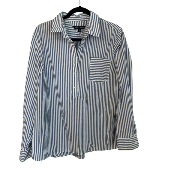 Tommy Hilfiger Women’s Long Sleeve Blue & White Striped Half Button Up Sz XL GUC - Picture 1 of 8